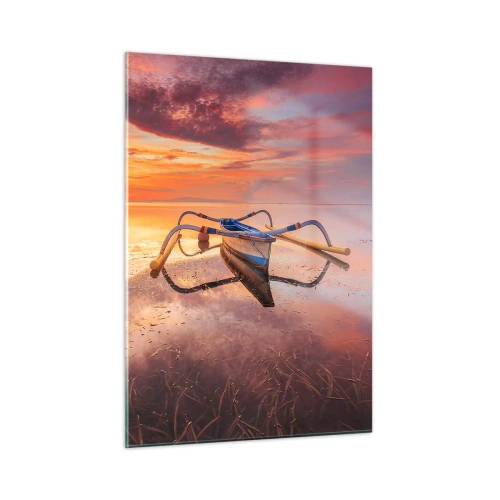 Cuadro sobre vidrio - Impresiones sobre Vidrio - Barco tradicional en aguas tranquilas al atardecer - 50x70cm - Calma de una tarde tropical - Decoración de pared moderna para salón y dormitorio ARTTOR