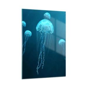 Cuadro sobre vidrio - Impresiones sobre Vidrio - Medusas flotando en el océano azul profundo - 50x70cm - Danza oceánica - Decoración de pared moderna para salón y dormitorio ARTTOR