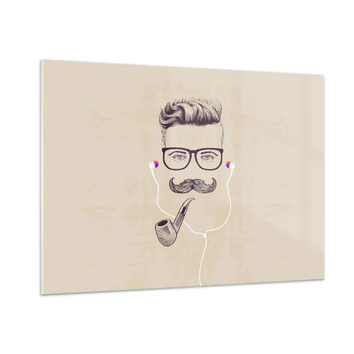 Cuadro sobre vidrio - Impresiones sobre Vidrio - Un dibujo de un hombre estilizado con gafas, bigote y pipa. - 100x70cm - Moda masculina - Decoración de pared moderna para salón y dormitorio ARTTOR