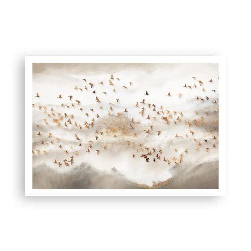 Póster - Pájaros dorados contra las montañas brumosas - 100x70cm - Es hora... - Decoración de pared moderna para salón y dormitorio ARTTOR