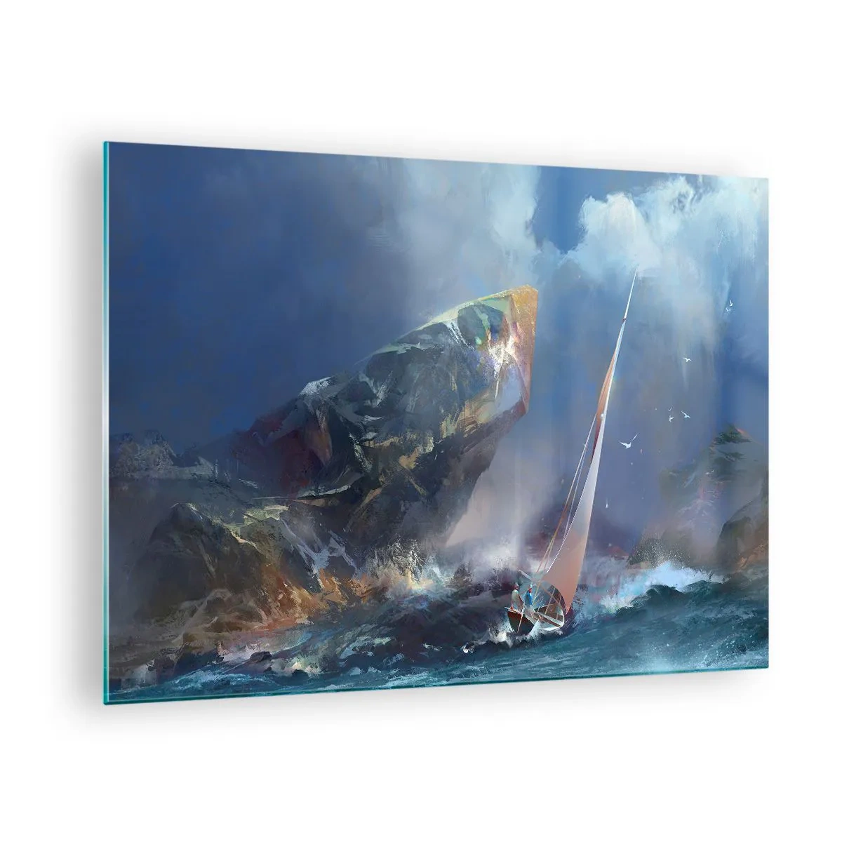 Cuadro sobre vidrio - Impresiones sobre Vidrio - Un velero en una tormenta frente a una costa rocosa - 70x50cm - La gloria es para los valientes - Decoración de pared moderna para salón y dormitorio ARTTOR