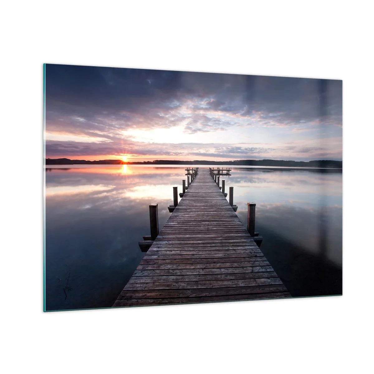 Cuadro sobre vidrio - Impresiones sobre Vidrio - Muelle de madera en el lago al atardecer - 100x70cm - Frontera silenciosa del día y la noche - Decoración de pared moderna para salón y dormitorio ARTTOR