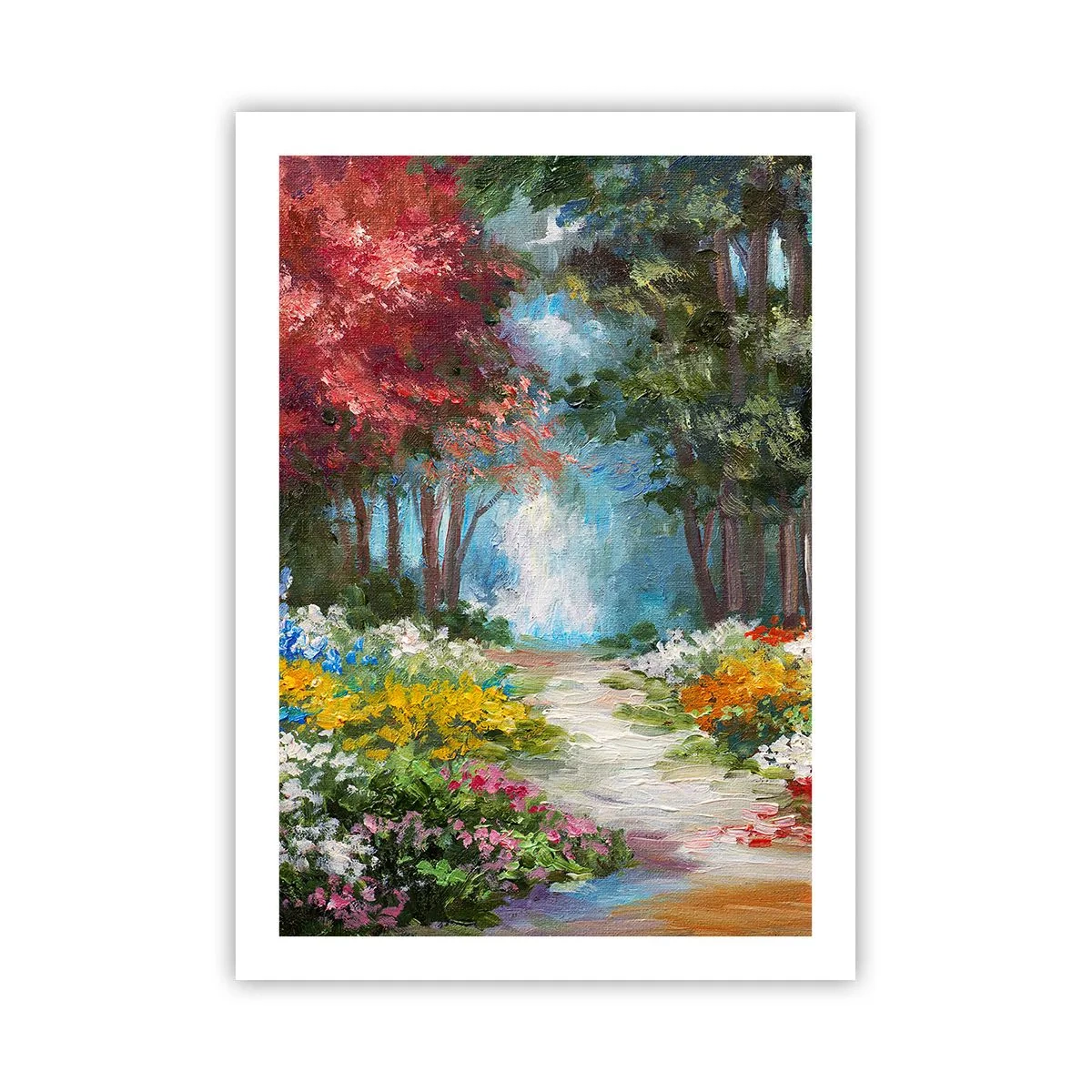 Póster - Un colorido jardín forestal lleno de flores y árboles. - 50x70cm - Jardín forestal, bosque floral - Decoración de pared moderna para salón y dormitorio ARTTOR