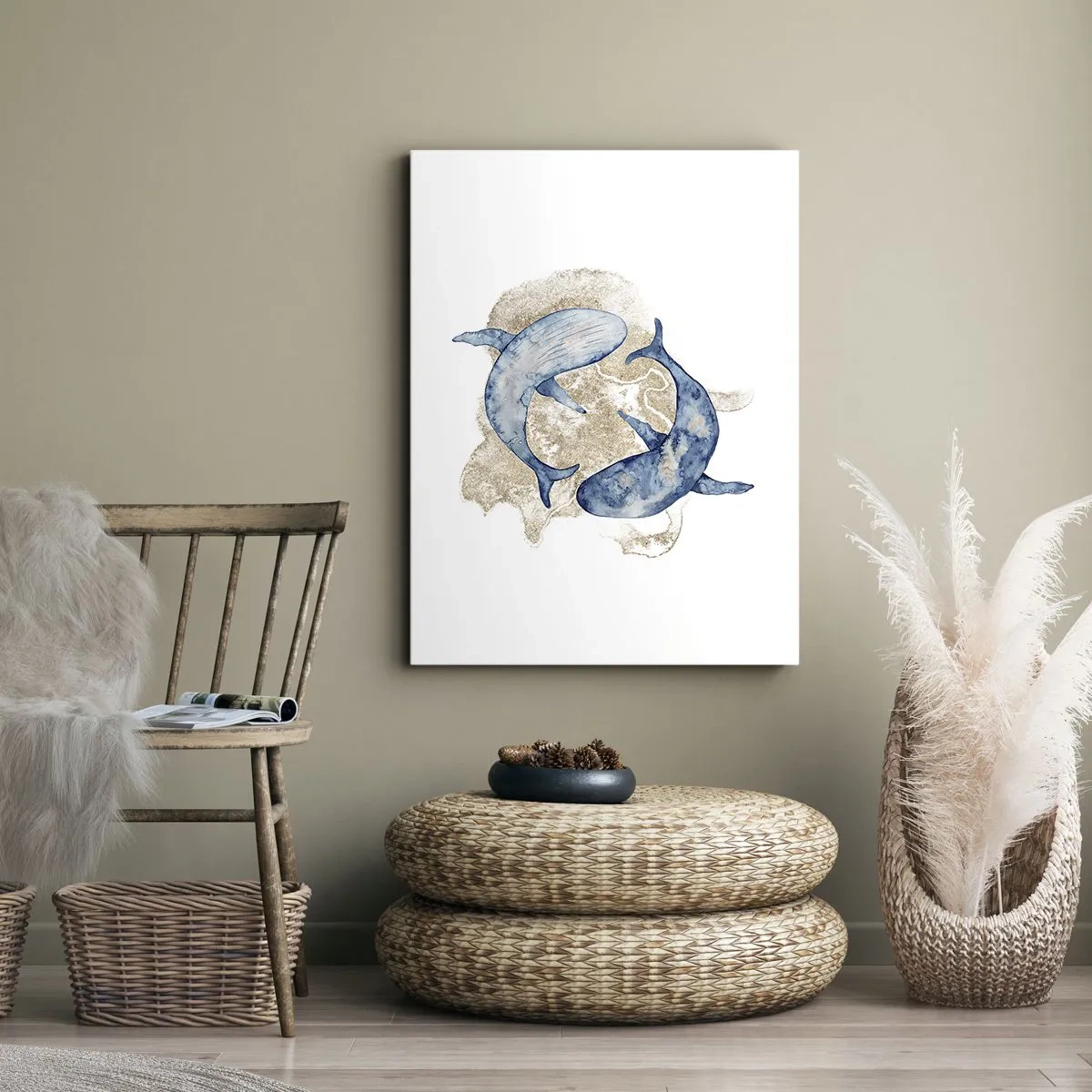 Cuadro sobre lienzo - Impresión de Imagen - Ballenas azules abstractas sobre un fondo claro - 50x70cm - ¿Amistad o amor? - Decoración de pared moderna para salón y dormitorio ARTTOR