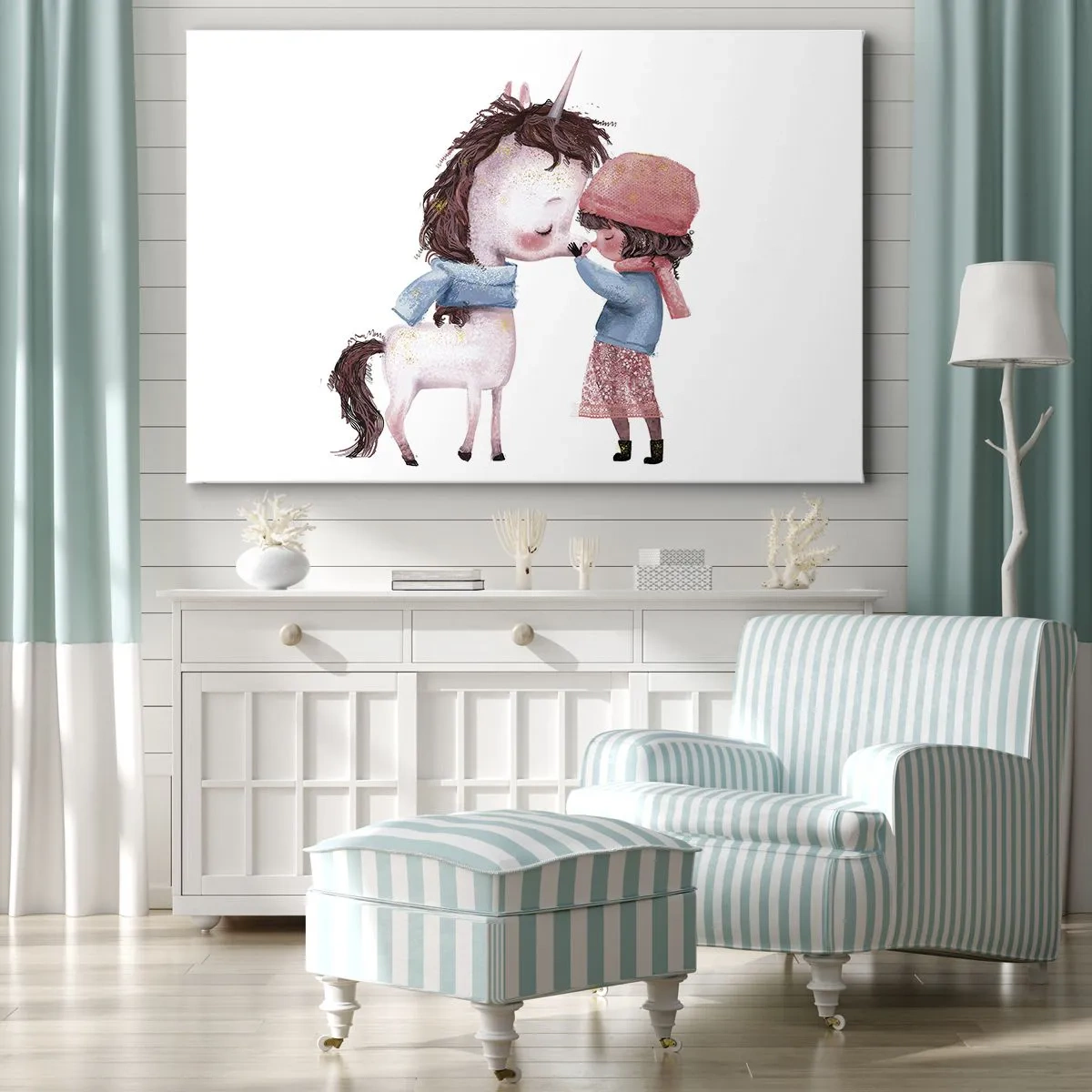 Cuadro sobre lienzo - Impresión de Imagen - Una niña y un unicornio en un paisaje invernal. - 100x70cm - Un cuento de invierno - Decoración de pared moderna para salón y dormitorio ARTTOR