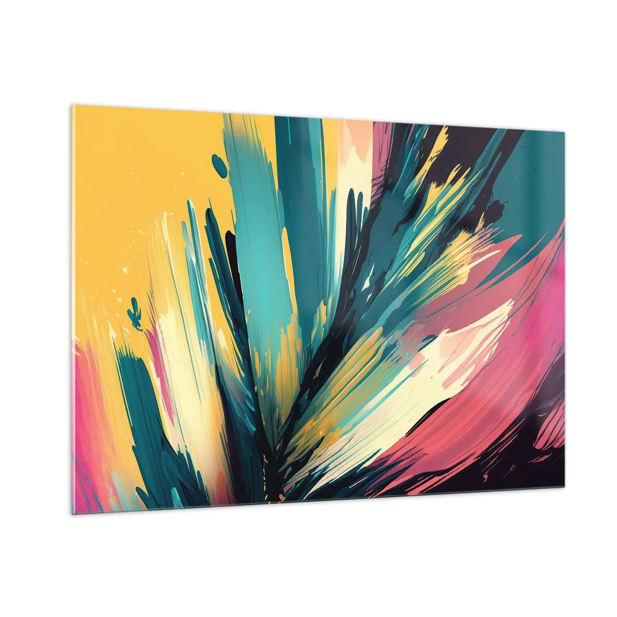Cuadro sobre vidrio - Impresiones sobre Vidrio - Pinceladas dinámicas en colores vibrantes. - 100x70cm - Composición - una explosión de alegría - Decoración de pared moderna para salón y dormitorio ARTTOR
