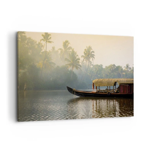 Cuadro sobre lienzo - Impresión de Imagen - Un barco tradicional en un río tranquilo entre palmeras. - 120x80cm - Casa en el río - Decoración de pared moderna para salón y dormitorio ARTTOR