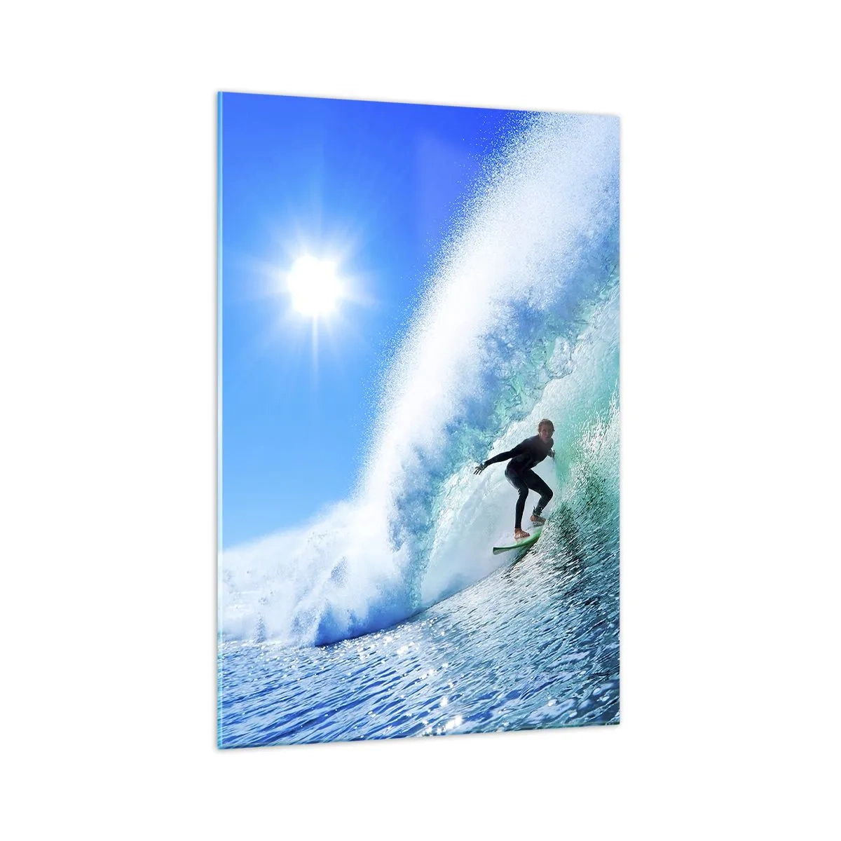 Cuadro sobre vidrio - Impresiones sobre Vidrio - Un surfista en una tabla se desliza dentro de una poderosa ola bajo un cielo azul. - 70x100cm - A través de la gran ola - Decoración de pared moderna para salón y dormitorio ARTTOR