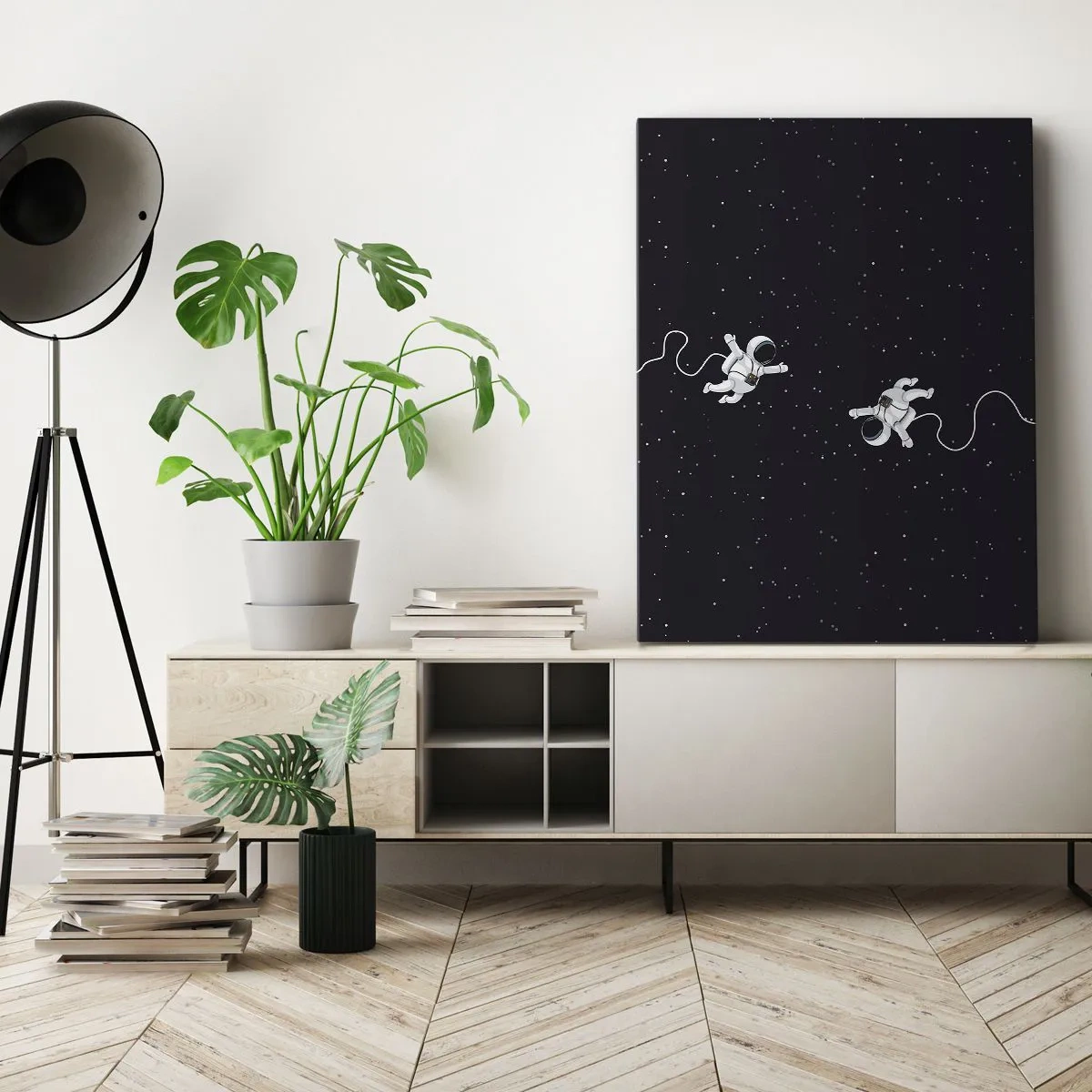 Cuadro sobre lienzo - Impresión de Imagen - Astronautas flotando en el espacio con un telón de fondo de estrellas. - 50x70cm - Danza cósmica - Decoración de pared moderna para salón y dormitorio ARTTOR