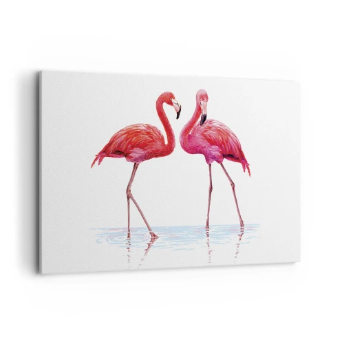 Cuadro sobre lienzo - Impresión de Imagen - Una pareja de flamencos en el agua contra un fondo claro. - 120x80cm - Cita rosada - Decoración de pared moderna para salón y dormitorio ARTTOR