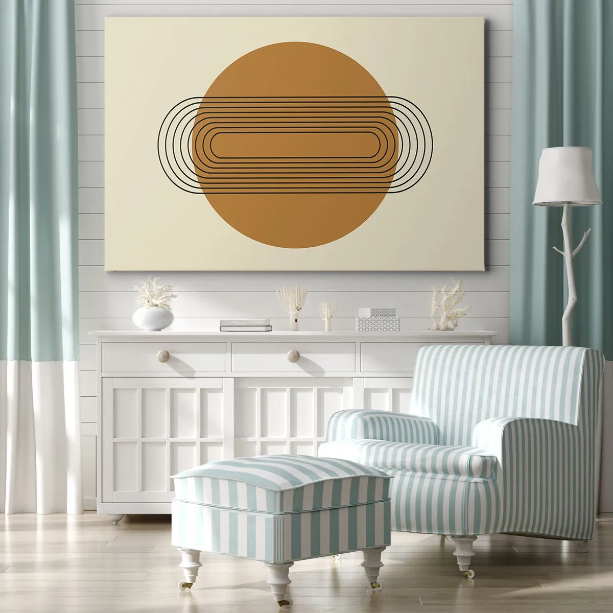 Cuadro sobre lienzo - Impresión de Imagen - Patrón geométrico con círculos y líneas naranjas. - 70x50cm - El plan perfecto - Decoración de pared moderna para salón y dormitorio ARTTOR