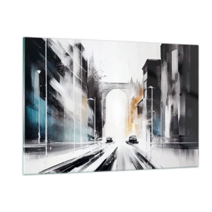 Cuadro sobre vidrio - Impresiones sobre Vidrio - Una calle urbana dinámica con coches y un arco al fondo en estilo pictórico. - 120x80cm - Estudio de la ciudad: arquitectura y movimiento - Decoración de pared moderna para salón y dormitorio ARTTOR