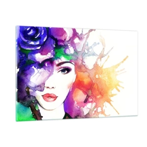 Cuadro sobre vidrio - Impresiones sobre Vidrio - Una mujer con un fondo borroso y colorido en estilo acuarela. - 120x80cm - Con la cabeza en las nubes - Decoración de pared moderna para salón y dormitorio ARTTOR