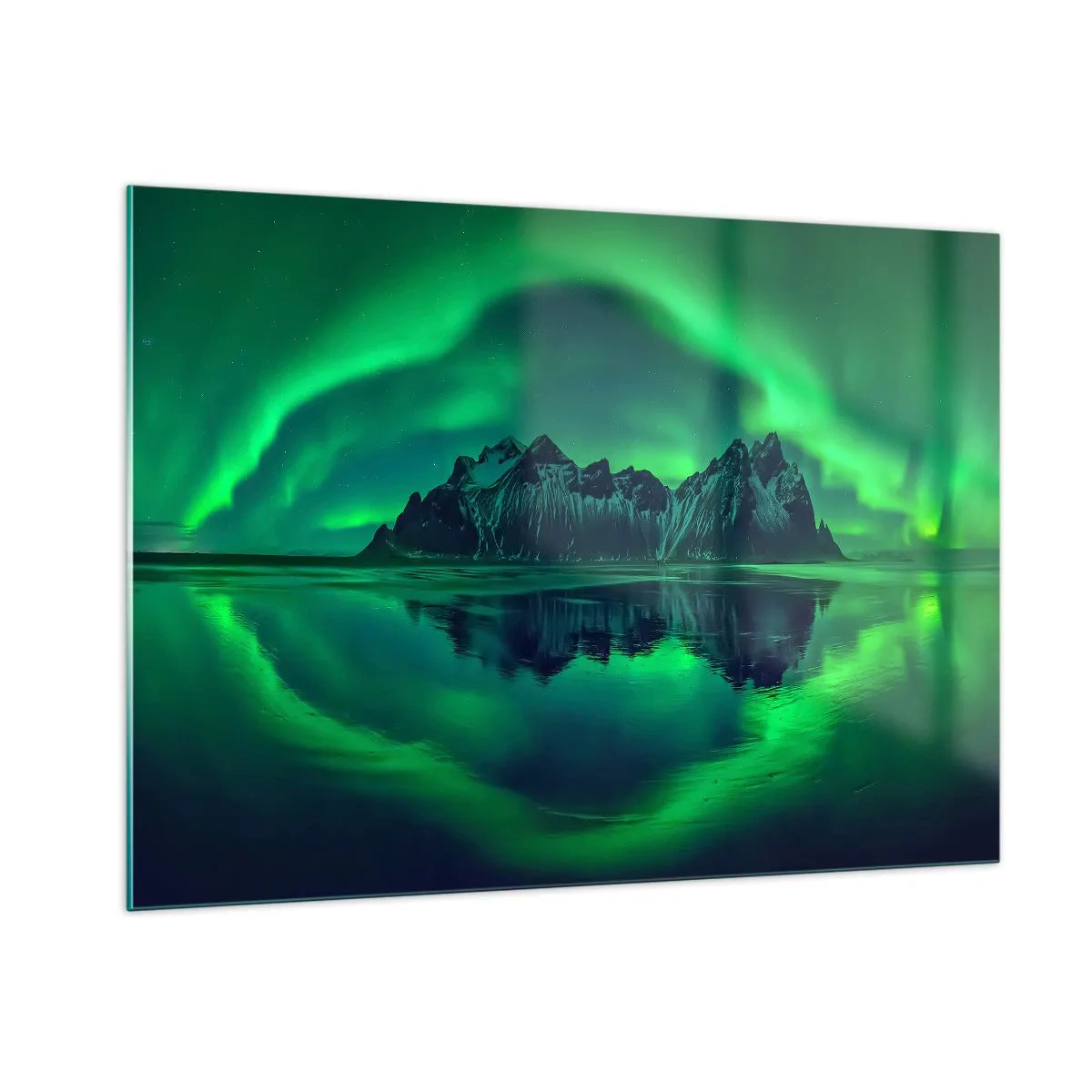 Cuadro sobre vidrio - Impresiones sobre Vidrio - La aurora boreal flotando sobre un paisaje montañoso y reflejándose en el agua. - 100x70cm - En los brazos de la aurora - Decoración de pared moderna para salón y dormitorio ARTTOR