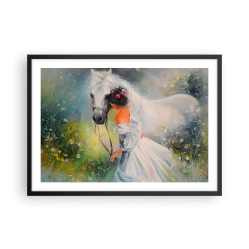 Póster en marco negro - Una mujer con un caballo blanco en un entorno pintoresco. - 70x50cm - Como si de un hermoso sueño se tratara - Decoración de pared moderna para salón y dormitorio ARTTOR