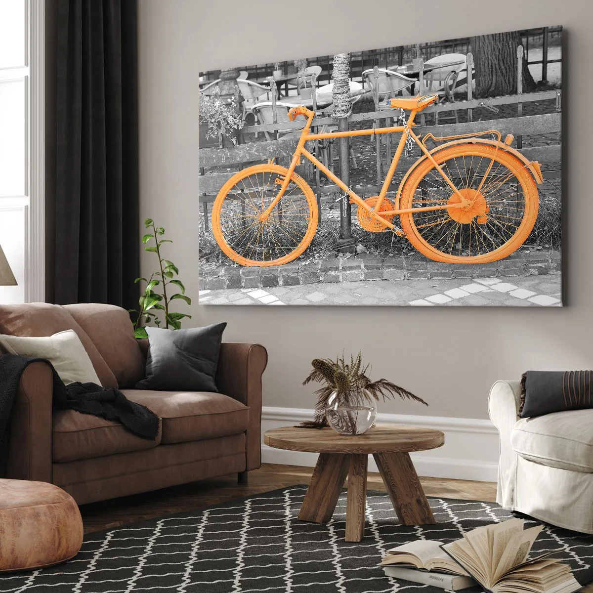Cuadro sobre lienzo - Impresión de Imagen - Fotografía artística de una bicicleta amarilla sobre un fondo blanco y negro. - 120x80cm - Sigue, yo esperaré aquí - Decoración de pared moderna para salón y dormitorio ARTTOR