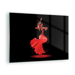 Cuadro sobre vidrio - Impresiones sobre Vidrio - Bailaora de flamenco con vestido rojo sobre fondo negro - 70x50cm - El espíritu ardiente del flamenco - Decoración de pared moderna para salón y dormitorio ARTTOR