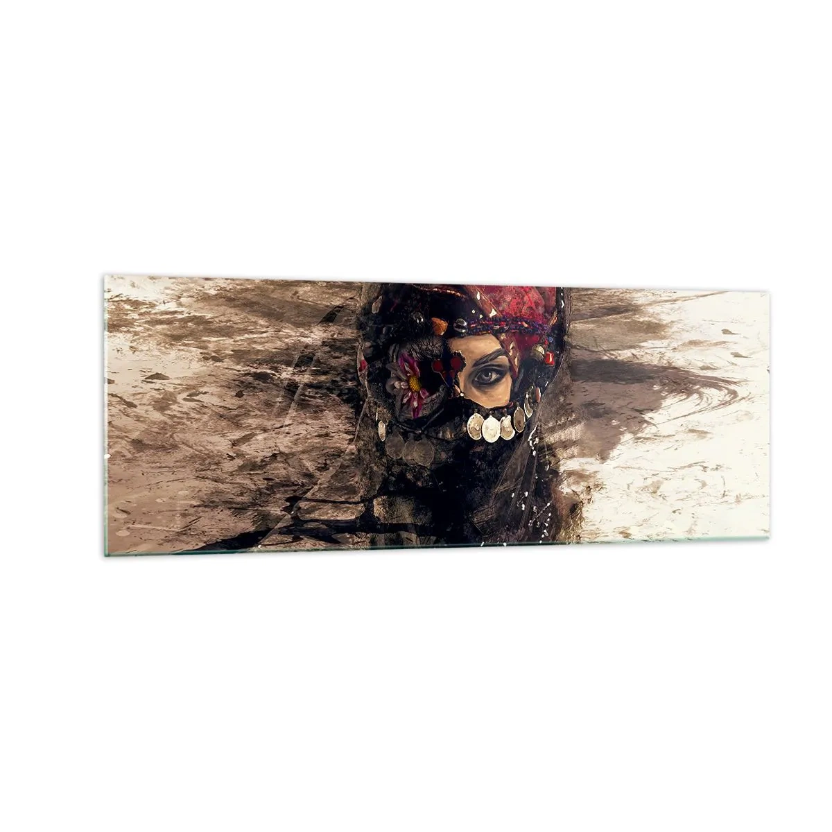 Cuadro sobre vidrio - Impresiones sobre Vidrio - Retrato artístico de una mujer con atuendo oriental sobre un fondo abstracto. - 140x50cm - Inquietante, como mínimo - Decoración de pared moderna para salón y dormitorio ARTTOR