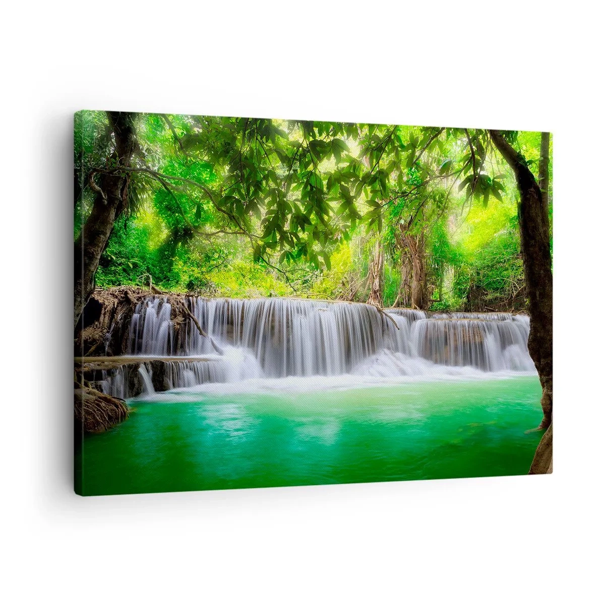 Cuadro sobre lienzo - Impresión de Imagen - Una cascada verde rodeada de densa vegetación tropical. - 70x50cm - Cascada en verde - Decoración de pared moderna para salón y dormitorio ARTTOR