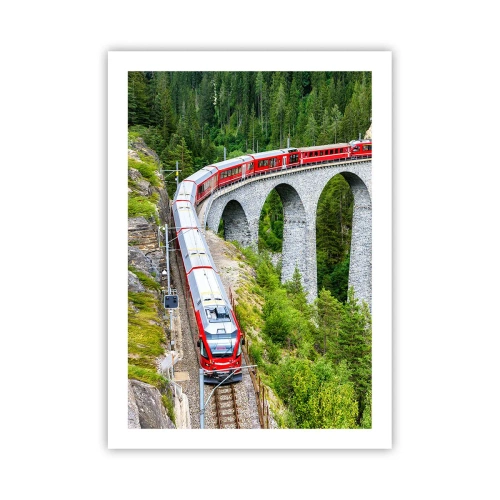 Póster - Un tren rojo en un viaducto rodeado de un bosque verde. - 50x70cm - Atravesando las montañas - Decoración de pared moderna para salón y dormitorio ARTTOR