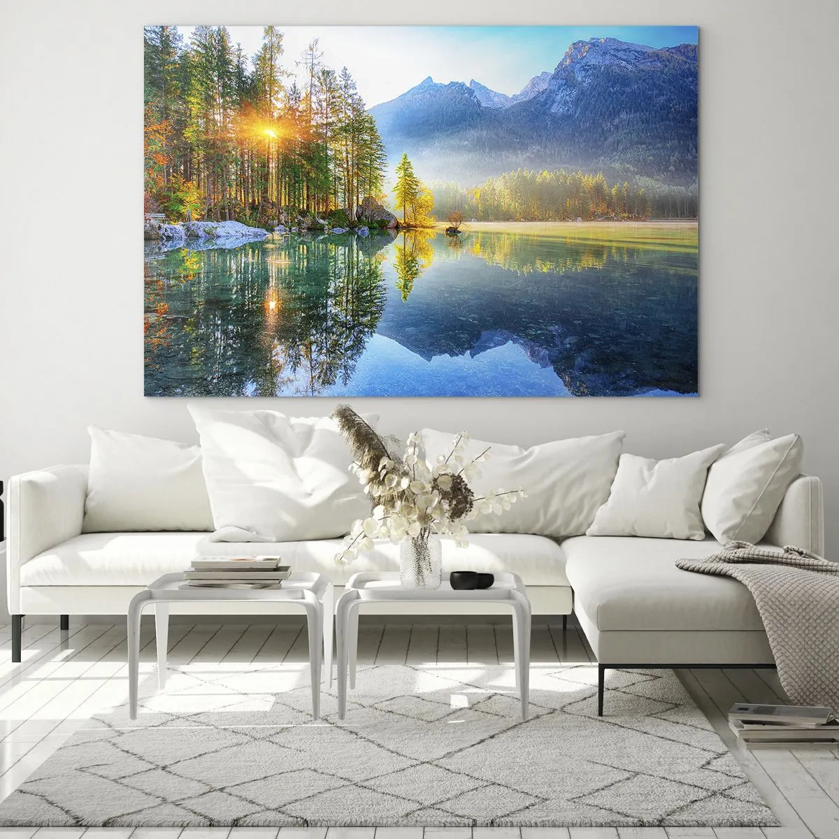 Cuadro sobre vidrio - Impresiones sobre Vidrio - Paisaje de montaña con un lago y el sol de la mañana. - 70x50cm - Majestuosidad y dulzura - Decoración de pared moderna para salón y dormitorio ARTTOR
