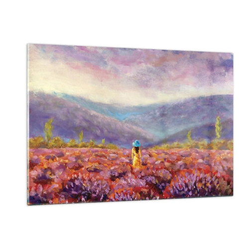 Cuadro sobre vidrio - Impresiones sobre Vidrio - Una figura con sombrero en un campo de lavanda al anochecer. - 120x80cm - En un mundo de lavanda - Decoración de pared moderna para salón y dormitorio ARTTOR