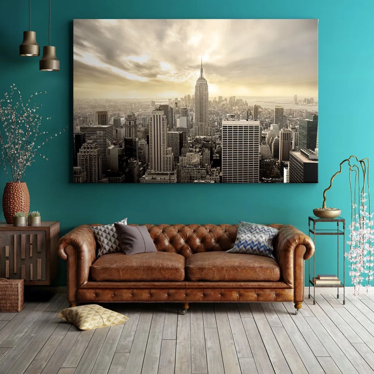 Cuadro sobre lienzo - Impresión de Imagen - Panorama de la ciudad con vista al Empire State Building - 120x80cm - Tejido neoyorquino en tonos grises - Decoración de pared moderna para salón y dormitorio ARTTOR
