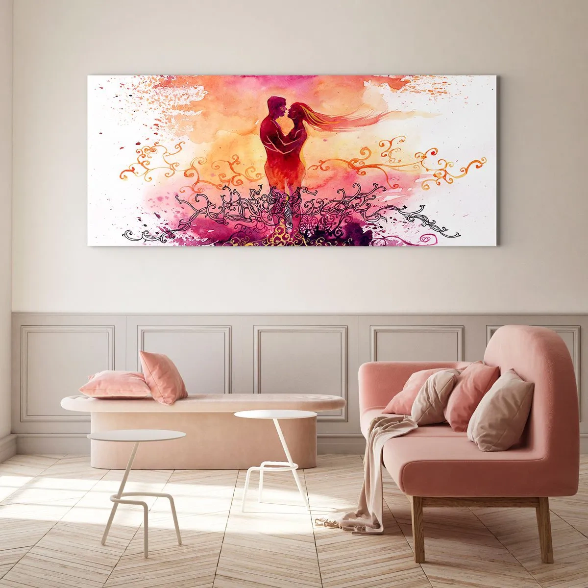 Cuadro sobre vidrio - Impresiones sobre Vidrio - Una pareja abrazándose sobre un patrón abstracto rosa y naranja. - 120x50cm - ¡Un solo corazón! Necesito tan poco para ser feliz… - Decoración de pared moderna para salón y dormitorio ARTTOR