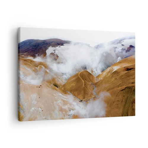 Cuadro sobre lienzo - Impresión de Imagen - Un paisaje de montaña con vapor en un clima duro. - 70x50cm - La dura belleza de Islandia - Decoración de pared moderna para salón y dormitorio ARTTOR