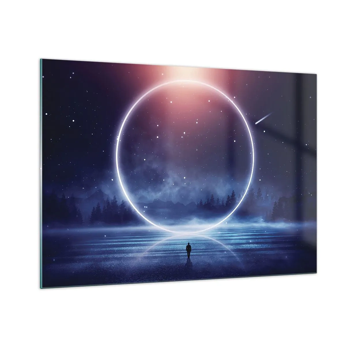 Cuadro sobre vidrio - Impresiones sobre Vidrio - Un círculo de luz sobre el lago entre el cielo nocturno y el bosque. - 100x70cm - Ya están aquí... - Decoración de pared moderna para salón y dormitorio ARTTOR