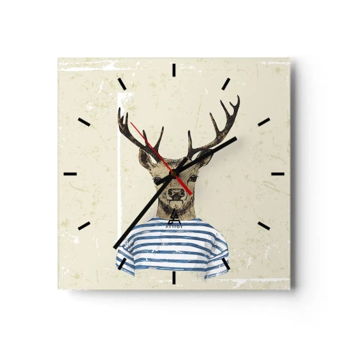 Reloj de pared - Reloj de vidrio - Un ciervo con una camisa de rayas sobre un fondo claro con una textura delicada. - 30x30cm - Porque me gustan las camisas de rayas - Decoración de pared moderna para salón y dormitorio ARTTOR