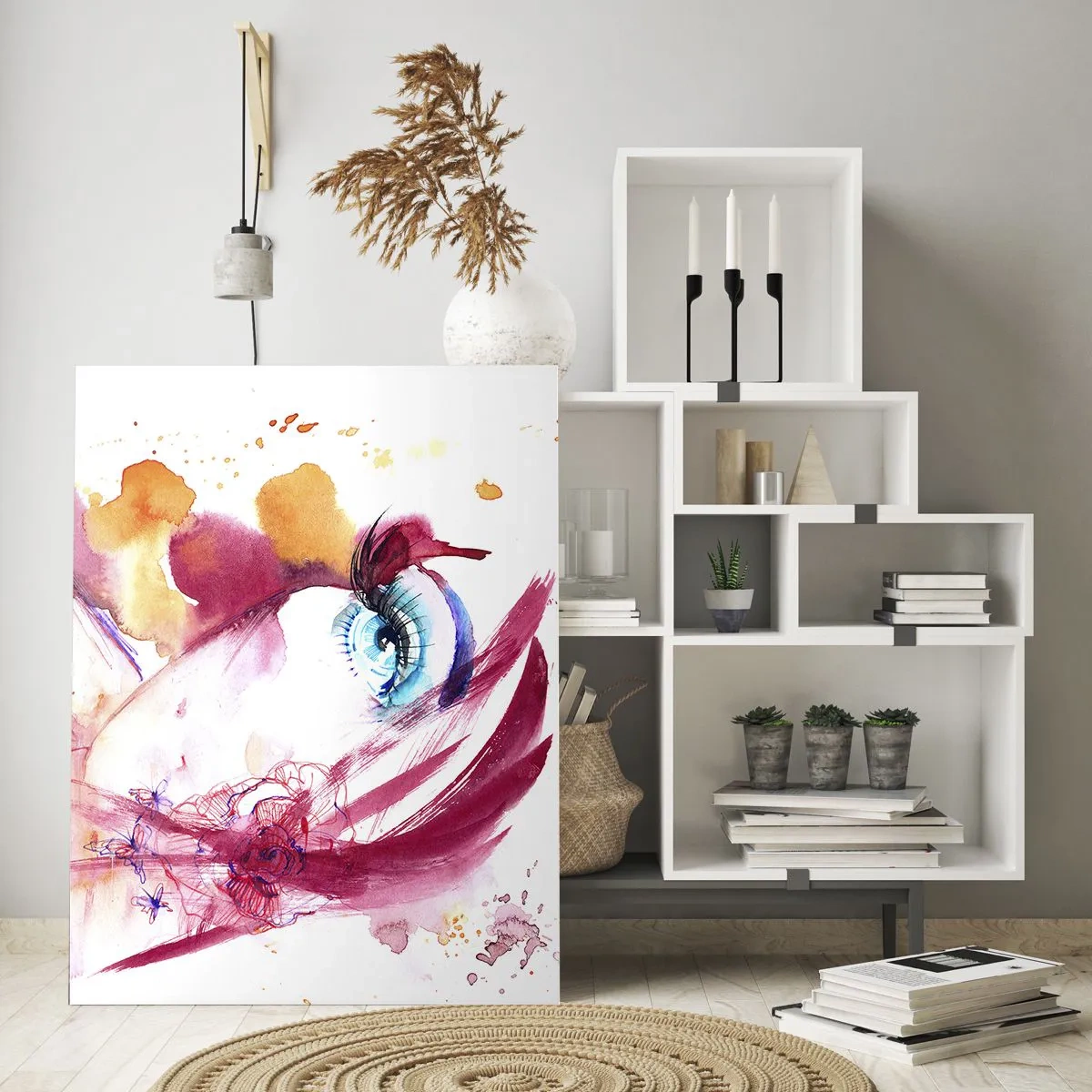 Cuadro sobre vidrio - Impresiones sobre Vidrio - Un rostro abstracto con ojos expresivos y acentos rojos. - 80x120cm - En la cercanía el mundo florece - Decoración de pared moderna para salón y dormitorio ARTTOR