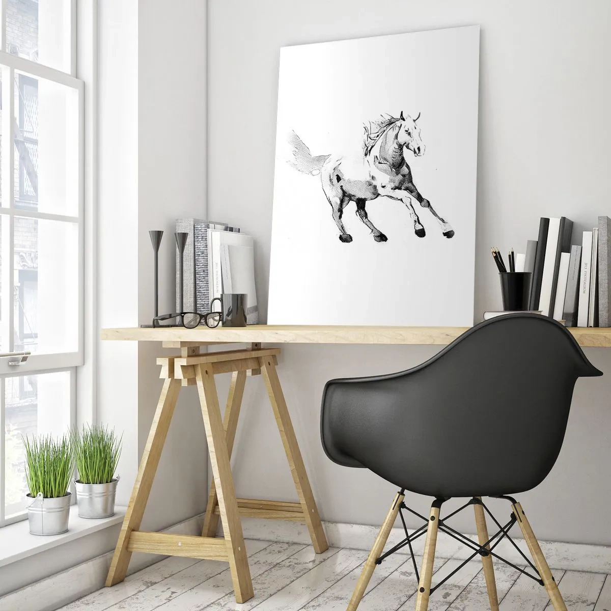 Cuadro sobre vidrio - Impresiones sobre Vidrio - Boceto en blanco y negro de un caballo al galope sobre un fondo blanco. - 50x70cm - Alma indómita - Decoración de pared moderna para salón y dormitorio ARTTOR