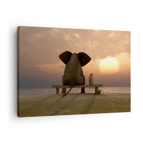 Cuadro sobre lienzo - Impresión de Imagen - Un elefante y un perro están sentados en un banco en la playa durante el atardecer. - 70x50cm - Es bueno estar en silencio juntos - Decoración de pared moderna para salón y dormitorio ARTTOR