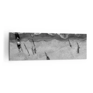 Cuadro sobre lienzo - Impresión de Imagen - Vista aérea en blanco y negro de barcos en la playa. - 160x50cm - Aún en la orilla... - Decoración de pared moderna para salón y dormitorio ARTTOR