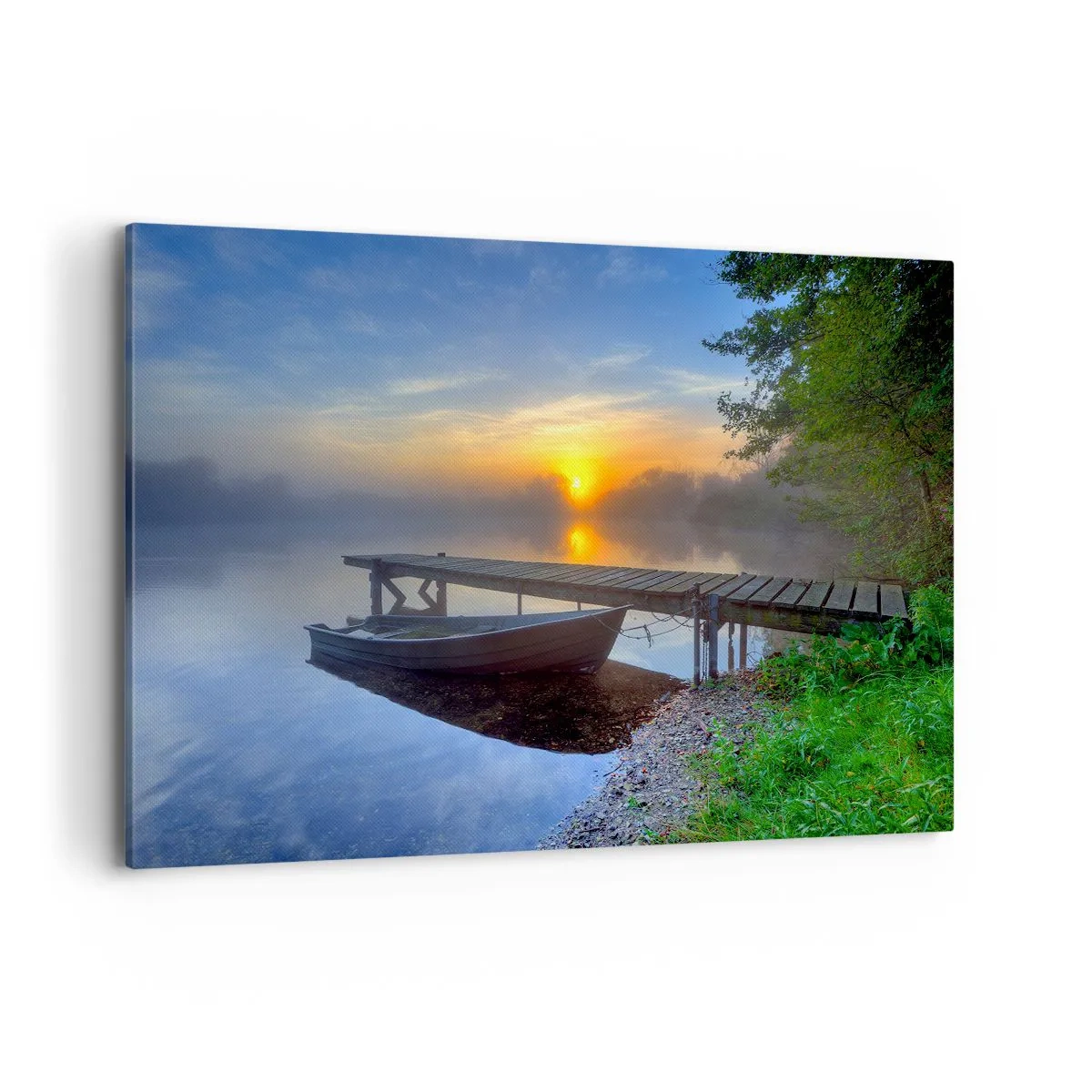 Cuadro sobre lienzo - Impresión de Imagen - Un embarcadero junto al lago al amanecer con un barco en la orilla. - 120x80cm - Cómo lo ordinario se convierte en mágico - Decoración de pared moderna para salón y dormitorio ARTTOR