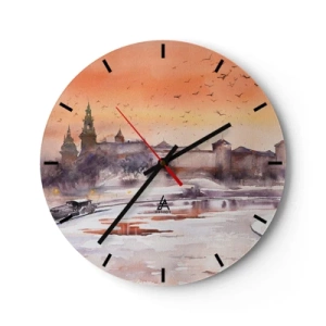 Reloj de pared - Reloj de vidrio - Puesta de sol sobre el castillo con el río y pájaros en el cielo. - 30x30cm - Atardecer real - Decoración de pared moderna para salón, cocina y dormitorio ARTTOR