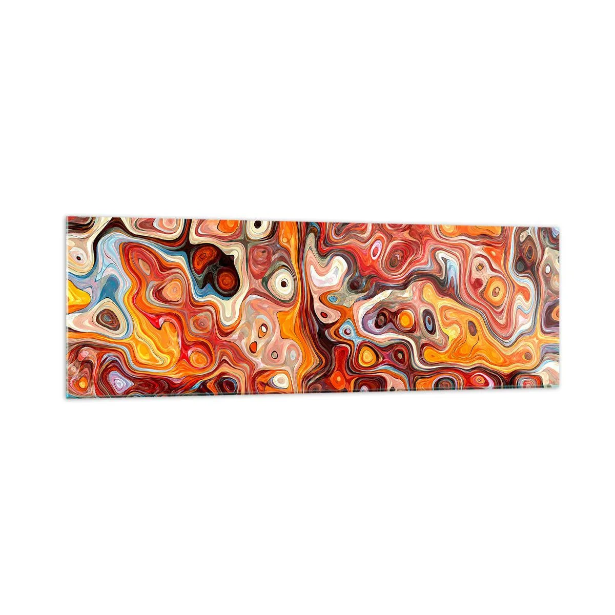 Cuadro sobre vidrio - Impresiones sobre Vidrio - Una composición abstracta en tonos cálidos de rojo, naranja y amarillo. - 160x50cm - Si las nueces se derritieran en la miel - Decoración de pared moderna para salón y dormitorio ARTTOR