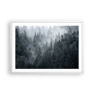 Póster en marco blanco - Amanecer en el bosque - 70x50 cm
