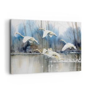 Cuadro sobre lienzo - Impresión de Imagen - Cisnes en vuelo sobre un lago congelado en un paisaje invernal - 120x80cm - Como en un cuento de cisnes salvajes - Decoración de pared moderna para salón y dormitorio ARTTOR