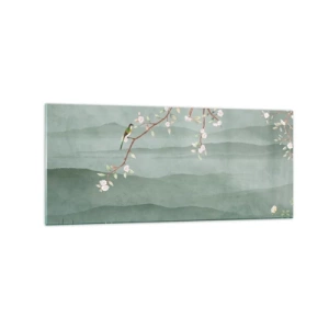 Cuadro sobre vidrio - Impresiones sobre Vidrio - Una imagen pintoresca de la rama de un árbol en flor con pájaros sobre un fondo de colinas verdes. - 120x50cm - Primavera, ah, eres tú - Decoración de pared moderna para salón y dormitorio ARTTOR