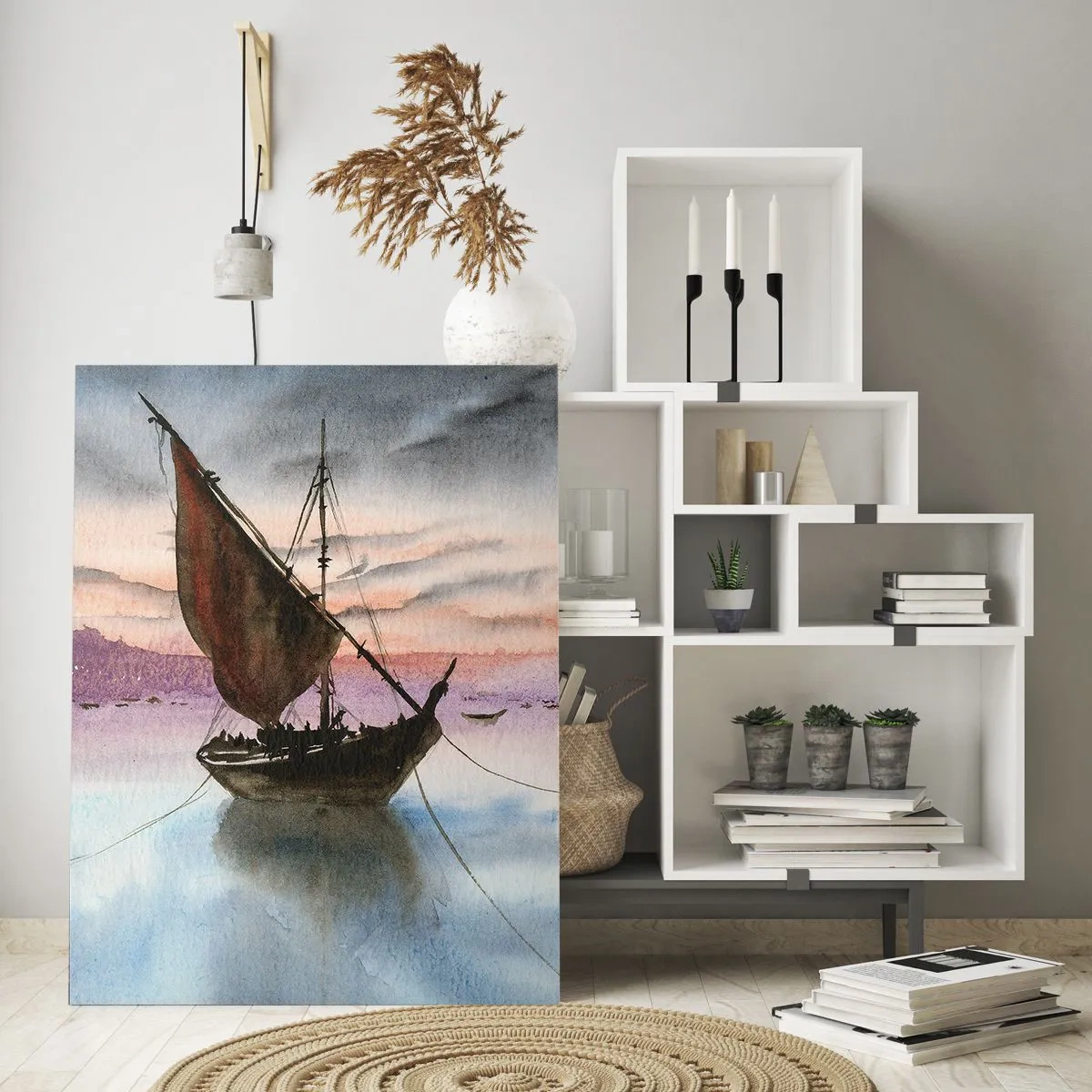 Cuadro sobre vidrio - Impresiones sobre Vidrio - Dos veleros en aguas tranquilas al atardecer - 50x70cm - Atardecer en el puerto - Decoración de pared moderna para salón y dormitorio ARTTOR