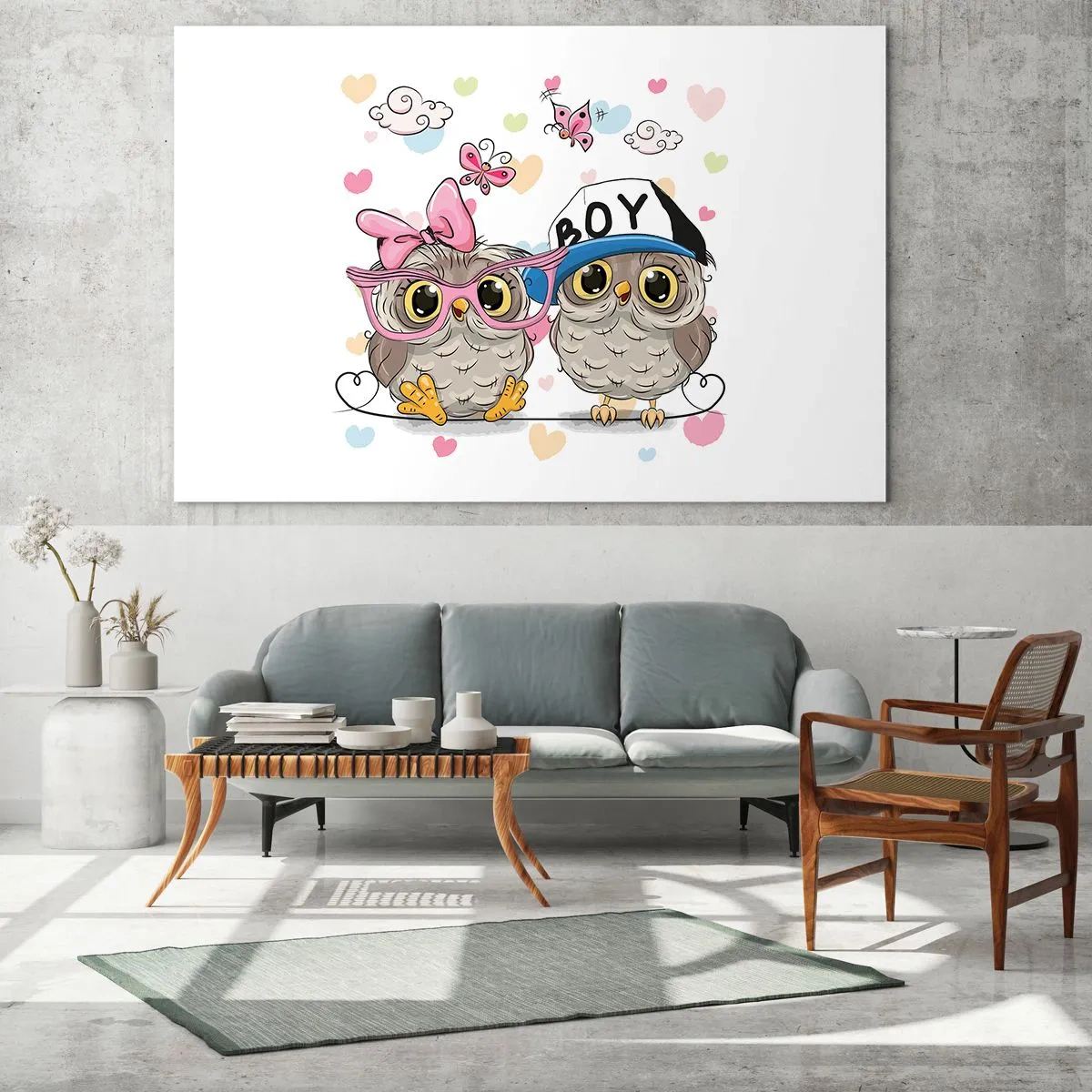 Cuadro sobre vidrio - Impresiones sobre Vidrio - Un par de alegres búhos en una composición pastel. - 100x70cm - El amor - Decoración de pared moderna para salón y dormitorio ARTTOR