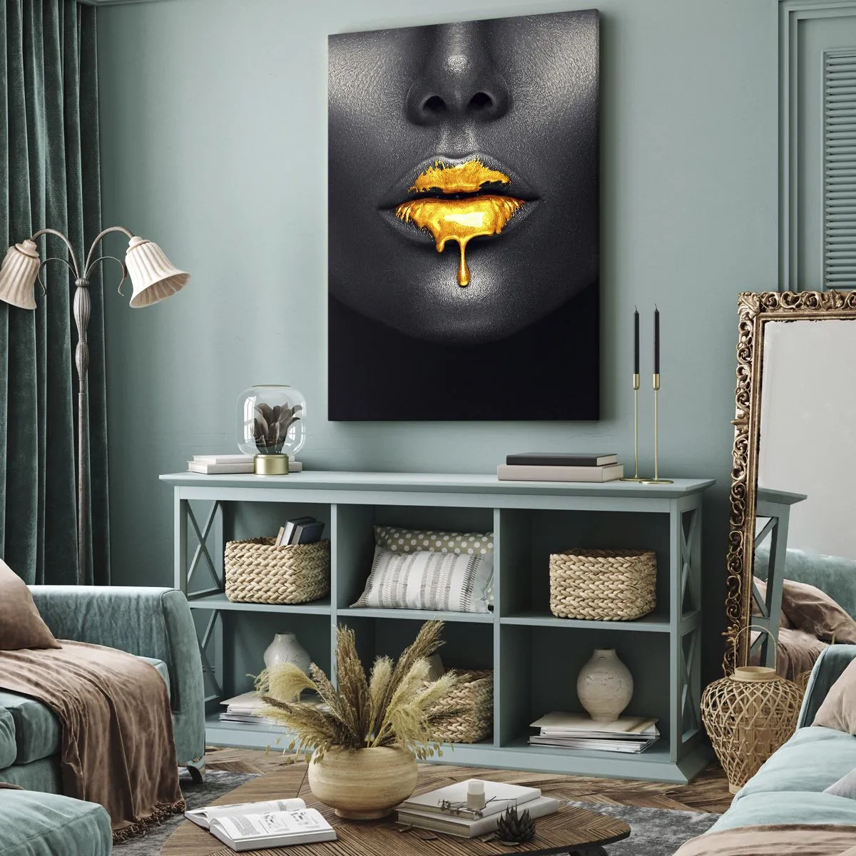 Cuadro sobre lienzo - Impresión de Imagen - Retrato en negro y dorado de una mujer con una gota de oro en los labios. - 70x100cm - Labios de oro - Decoración de pared moderna para salón y dormitorio ARTTOR