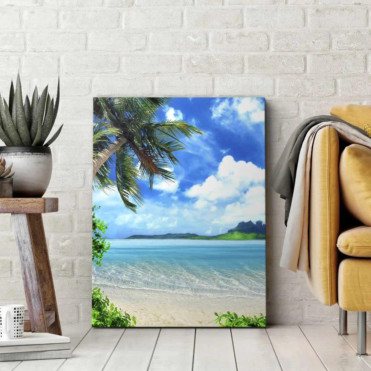 Cuadro sobre lienzo - Impresión de Imagen - Playa tropical con palmeras y vista a la isla. - 50x70cm - El azul de los trópicos - Decoración de pared moderna para salón y dormitorio ARTTOR