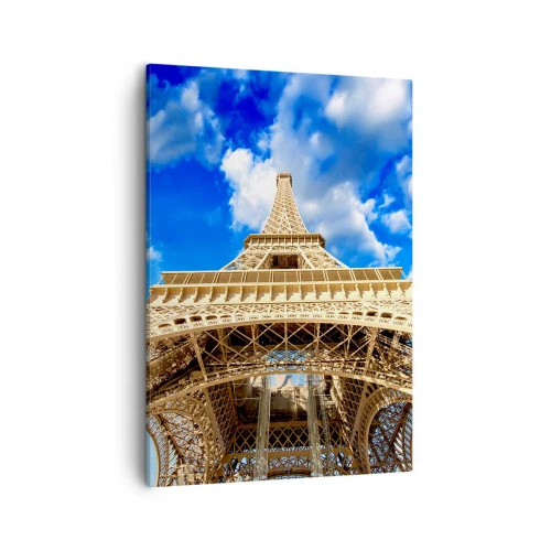 Cuadro sobre lienzo - Impresión de Imagen - La Torre Eiffel desde abajo contra un cielo azul - 50x70cm - Alcanzando el cielo y las nubes - Decoración de pared moderna para salón y dormitorio ARTTOR