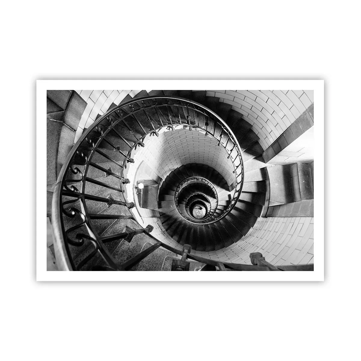 Póster - Fotografía en blanco y negro de una escalera de caracol con perspectiva de arriba hacia abajo. - 100x70cm - Cada vez más alto - Decoración de pared moderna para salón y dormitorio ARTTOR