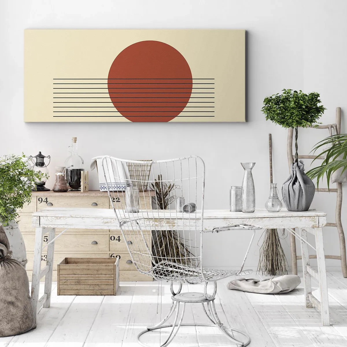 Cuadro sobre lienzo - Impresión de Imagen - Círculo rojo abstracto con líneas sobre fondo beige. - 160x50cm - Cruzando el círculo - Decoración de pared moderna para salón y dormitorio ARTTOR
