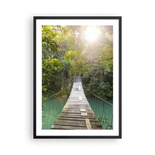 Póster en marco negro - Puente de madera en un bosque tropical con rayos de sol. - 50x70cm - Sobre el agua azul hacia el bosque - Decoración de pared moderna para salón y dormitorio ARTTOR