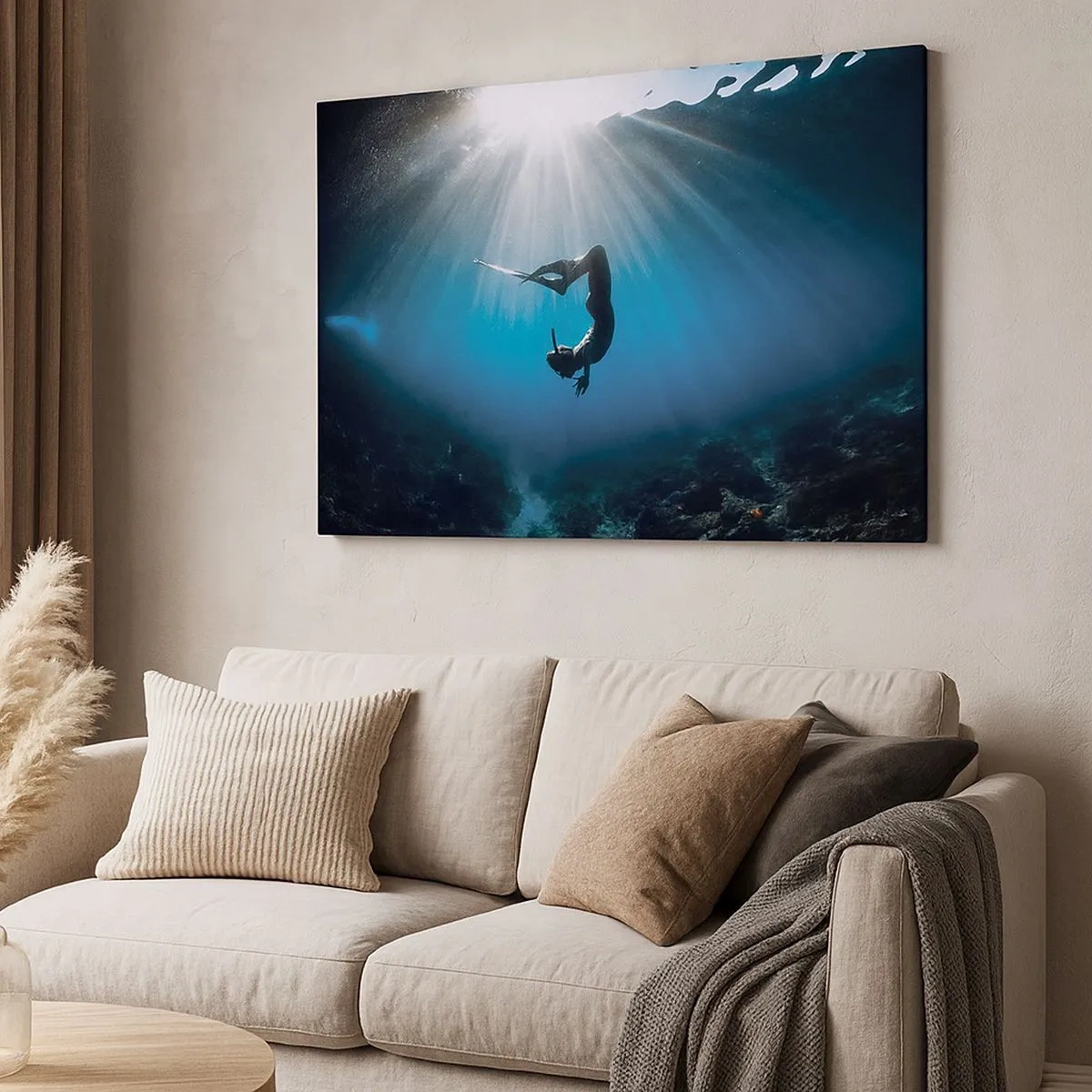 Cuadro sobre lienzo - Impresión de Imagen - Un buzo flotando en un haz de luz bajo el agua. - 70x50cm - Danza subacuática - Decoración de pared moderna para salón y dormitorio ARTTOR